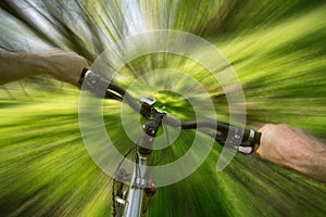 Male cyclist traveling through the woods