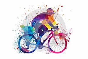 A male cyclists road racer, ebike rider or mountain biker shown in a colourful contemporary athletic abstract design photo