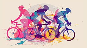 Male cyclists road racer, ebike riders or mountain bikers shown in a colourful contemporary athletic abstract design