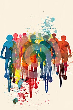 Male cyclists road racer, ebike riders or mountain bikers shown in a colourful contemporary athletic abstract design