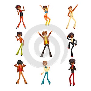 Male dancer moving body at music party, retro disco dancers sett of vector Illustrations on a white background