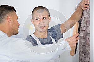male decorator painting wall with brush indoors