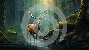 Male deer with an antler standing in a mystic forest created with Generative AI