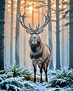 Male deer or stag in cold forest at beautiful dawn