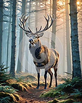 Male deer or stag in cold forest at beautiful dawn