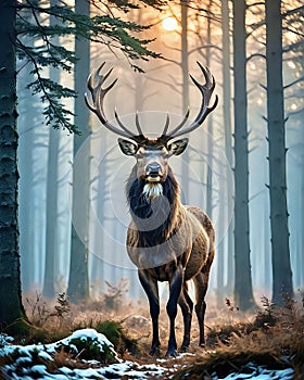 Male deer or stag in cold forest at beautiful dawn