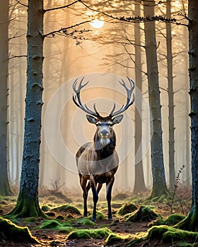 Male deer or stag in cold forest at beautiful dawn