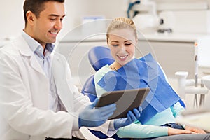 Male dentist with tablet pc and woman patient