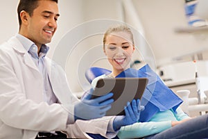 Male dentist with tablet pc and woman patient