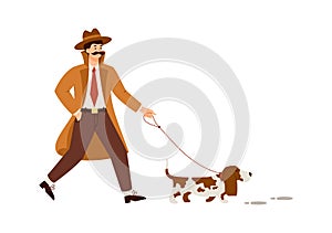 Male detective with dog engaged in research crime or search for evidence.