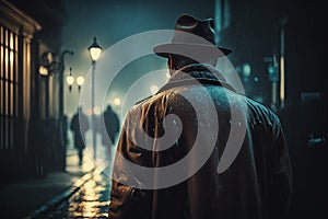 male detective stands with his back on a night street with rain in the style of film noir photo
