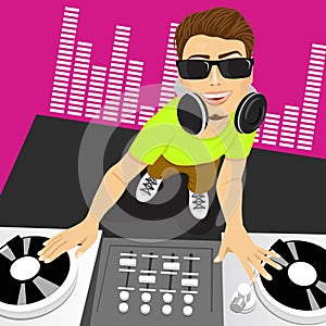 Male disc jockey mixing music using his turntables