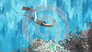 Male diver diving to see fish and corals under sea, aquatic land scape, digital painting illustration