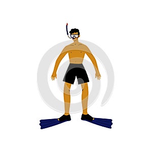 Male Diver with Scuba and Flippers, Guy Relaxing on Beach on Summer Vacations Vector Illustration