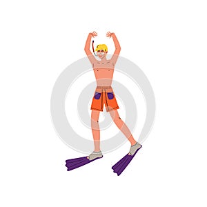Male Diver with Scuba and Flippers, Young Man Enjoying Summer Vacation Vector Illustration