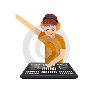 Male DJ playing track and mixing music on mixer console deck vector Illustration on a white background