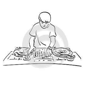 Male DJ playing turntable illustration vector hand drawn isolated on white background line art