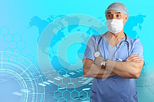 Male doctor in antiviral medical mask on technological blue background, concept of virus epidemic, quarantine