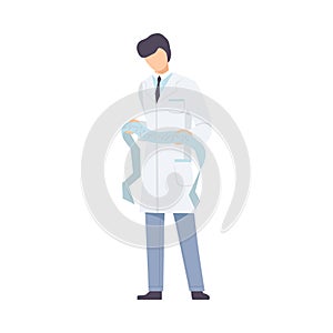 Male Doctor Cardiologist With List Of Examinating With Heart Curves Flat Vector Illustration