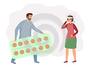 Male doctor carry large blister with pills for a woman with a headache. Health care and medicine drugs industry concept