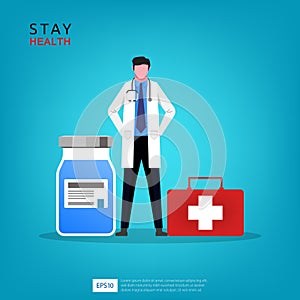 Male doctor character with bottle medicine and first aid box symbol vector illustration. Stay safe and aware banner