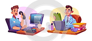 Male doctor character at desk with computer