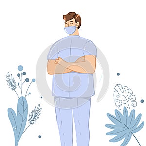 Male doctor character in face mask illustration on white floral background