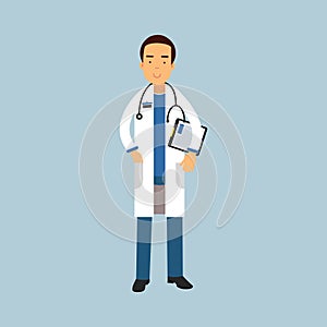 Male doctor character in uniform standing with stethoscope and medical notepad with prescription, medical care Illustration