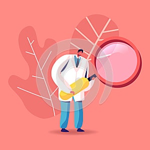 Male Doctor Character in White Medical Robe Looking in Huge Magnifying Glass. Clinic Medicine Profession