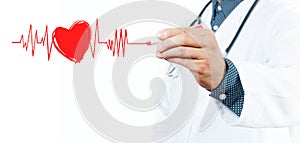 Male doctor drawing heart symbol and chart heartbeat