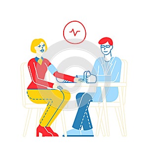 Male Doctor Endocrinologist Character Measuring Arterial Blood Pressure with Tonometer to Female Patient Sit at Table