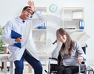 Male doctor examining female patient on wheelchair