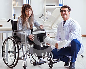 Male doctor examining female patient on wheelchair