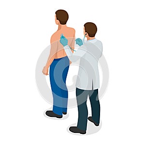 Male doctor examining a patient with stethoscope at hospital. Isometric vector illustration for medicine or healthcare