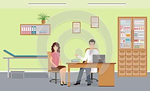 Male doctor and female patient in clinic on consultation. Vector illustration