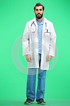 Male doctor, full-length, on a green background