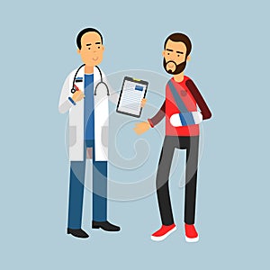 Male doctor giving recommendations to the patient with a broken arm, Illustration