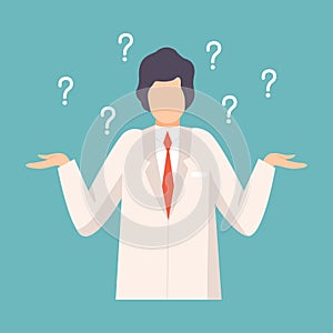 Male Doctor Having Many Questions, Professional Medical Worker Character in White Lab Coat Vector Illustration