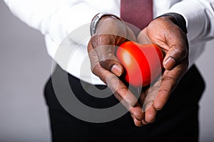Male doctor holding a red heart in his hands. Cardiology concept