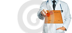 Male Doctor Holding Tablet With Diagnosis, Prescription Or Medical Data. Healthcare Insurance Medicine Concept