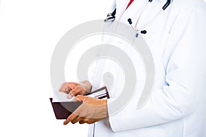 male doctor holding a wallet and pulling out a card