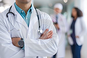 Male doctor in lab coat at clinic with crossed arms, authoritative