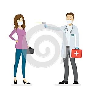 Male doctor measures temperature of caucasian woman using non-contact temperature scanner