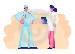 Male Doctor in Medical Robe with Stethoscope Speaking with Nurse Holding Notebook in Hands, Clinic, Hospital Healthcare Staff Work