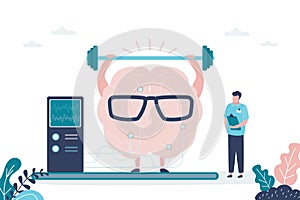 Male doctor monitors brain training. Brain raises heavy weight bar. Concept of healthcare, medicine and improvement of skills