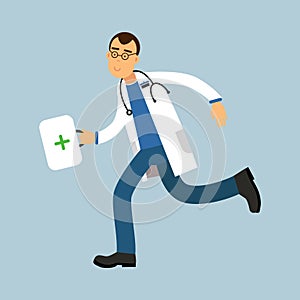 Male doctor paramedic character running with first aid box, medical care Illustration