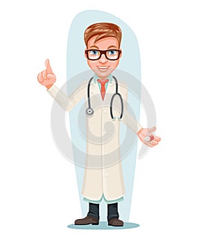 Male Doctor with Pill Medicine Hand Quality Treatment Forefinger up Cartoon Character Design Vector Illustration