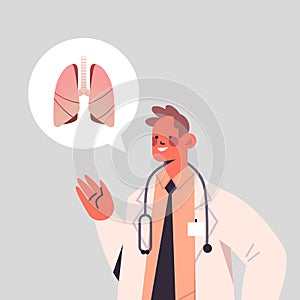 Male doctor pulmonologist and chat bubble with human lungs healthcare medicine concept