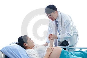 A male doctor shook hands with a pregnant woman near birth to ensure safety.