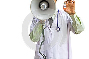 Male doctor shouting on a megaphone and holding HPV vaccine on h